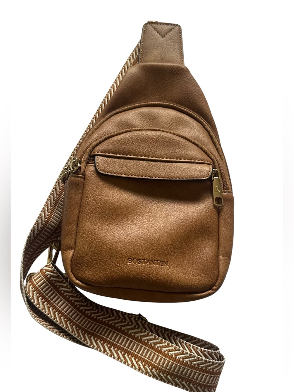 BOSTANTEN Brown Leather Sling Bag Crossbody with Patterned Guitar Strap EUC